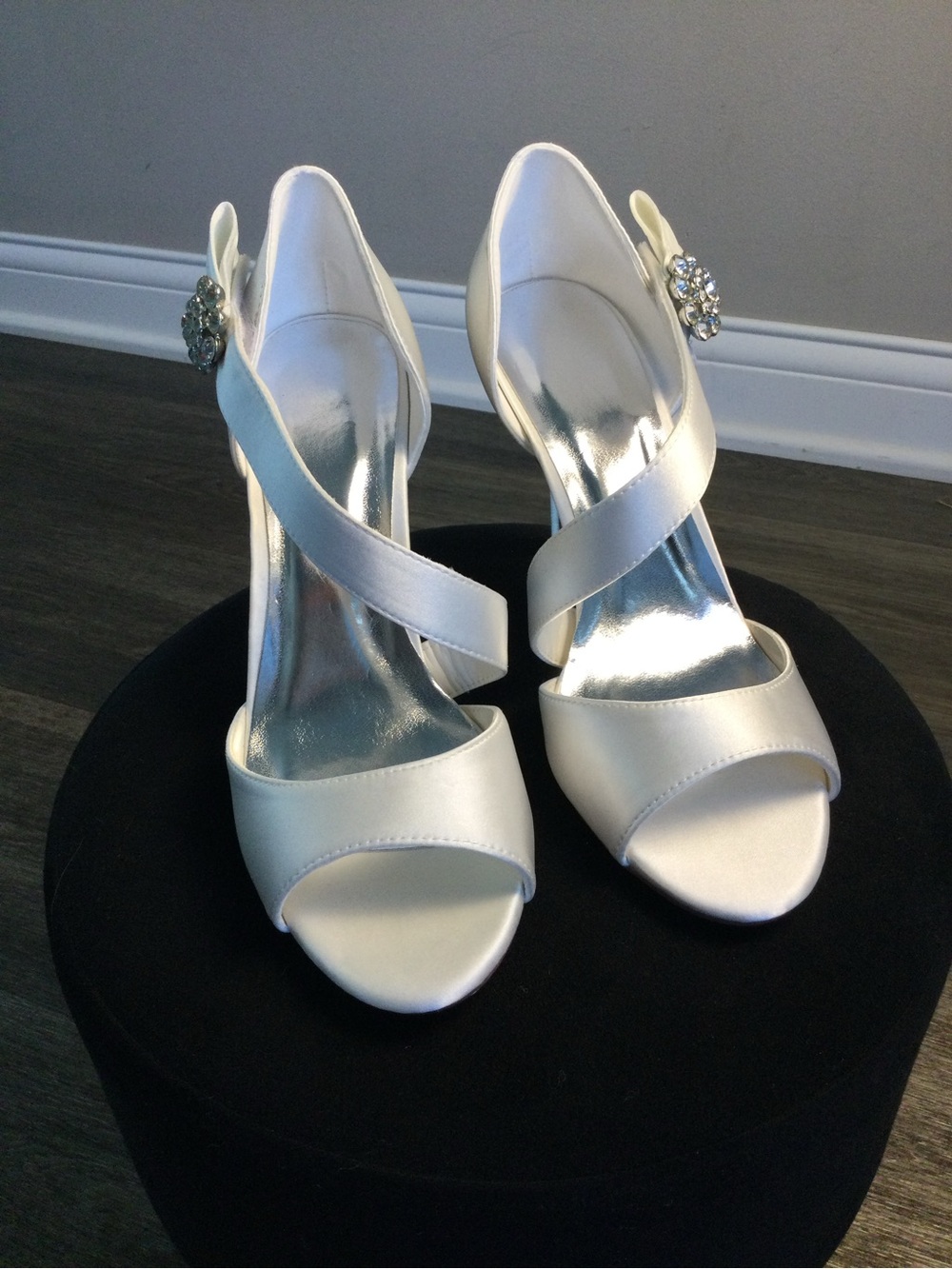 Women's Ivory Satin Open-Toe Heels with Crystal Ankle Accent